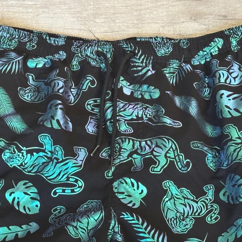 UZZI Men's L Swim Shorts Mesh Lined Trunks Black Iridescent Tiger‎ Palms Beach - Picture 3 of 16